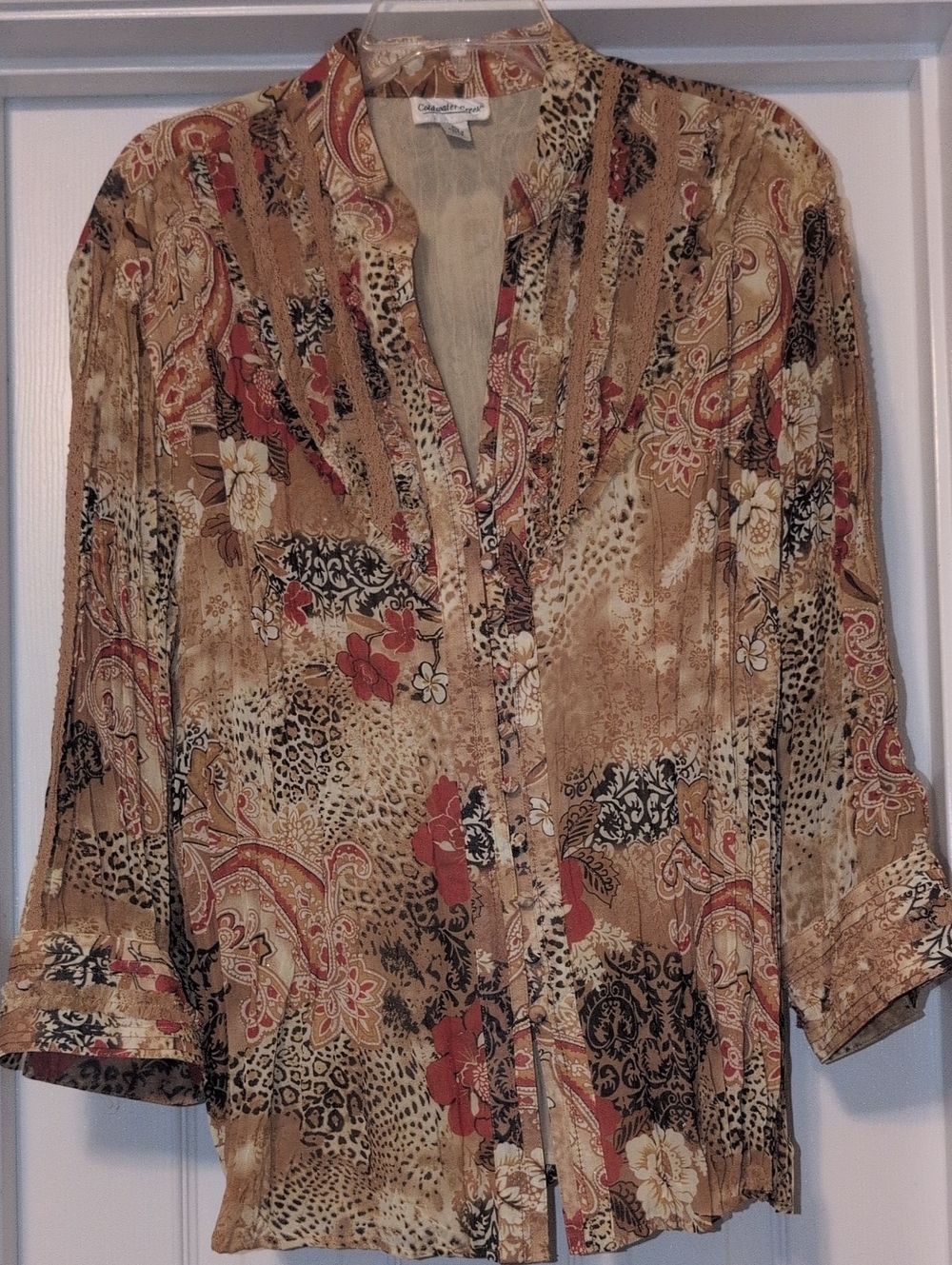 Coldwater Creek Tan Multi Paisley & Animal Print Button-Front Top